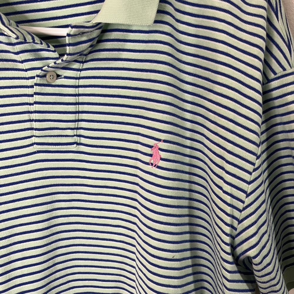 Polo Ralph Lauren T-Shirt Collar Blue Green Striped Men Sz XL Horse Logo - Picture 4 of 4